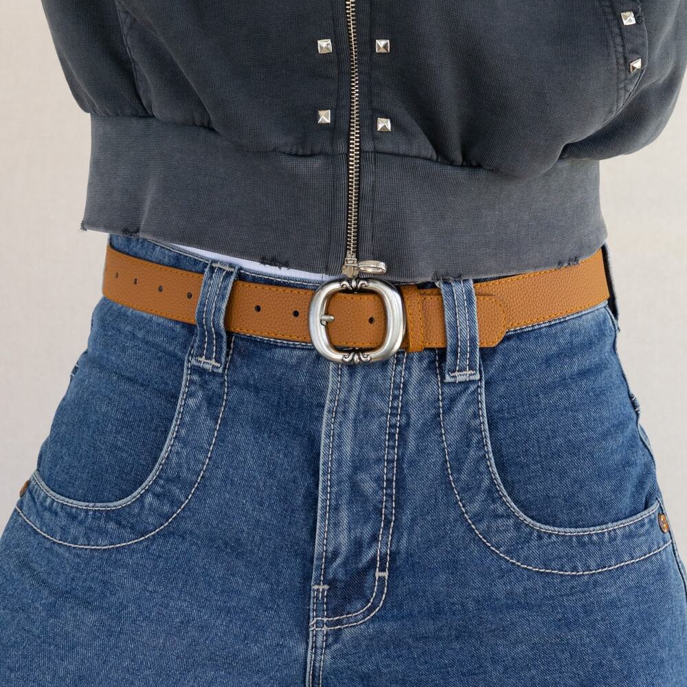 Vintage Tan Leather Belt Antique Silver Western Buckle Minimalist Y2K Unisex